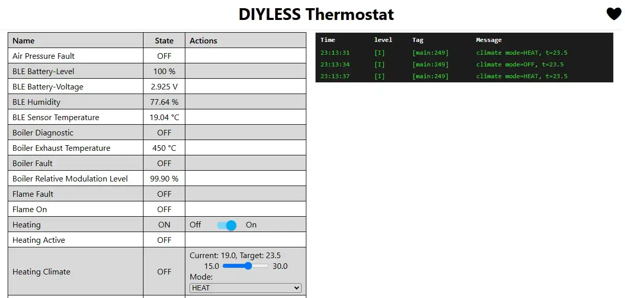 Thermostat ESPHome Web Server Interfacen