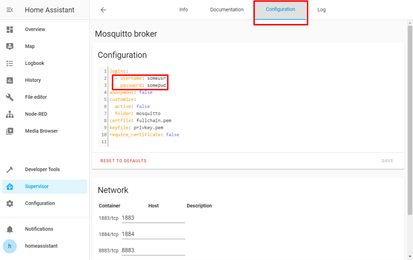 Home Assistant Mosquitto Broker Configuration