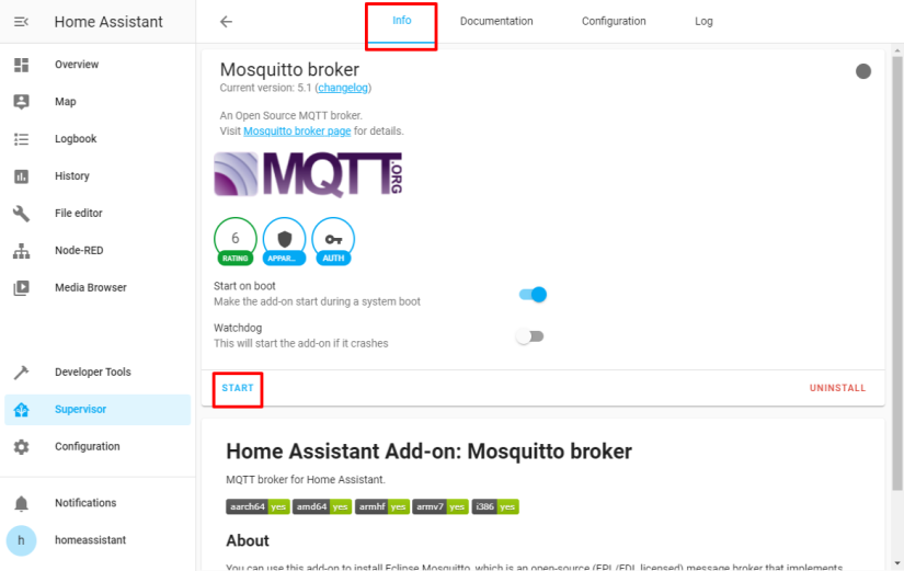 Home Assistant Mosquitto Broker Start Up