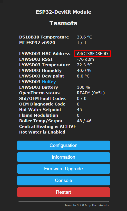 Tasmota opentherm thermostat main page