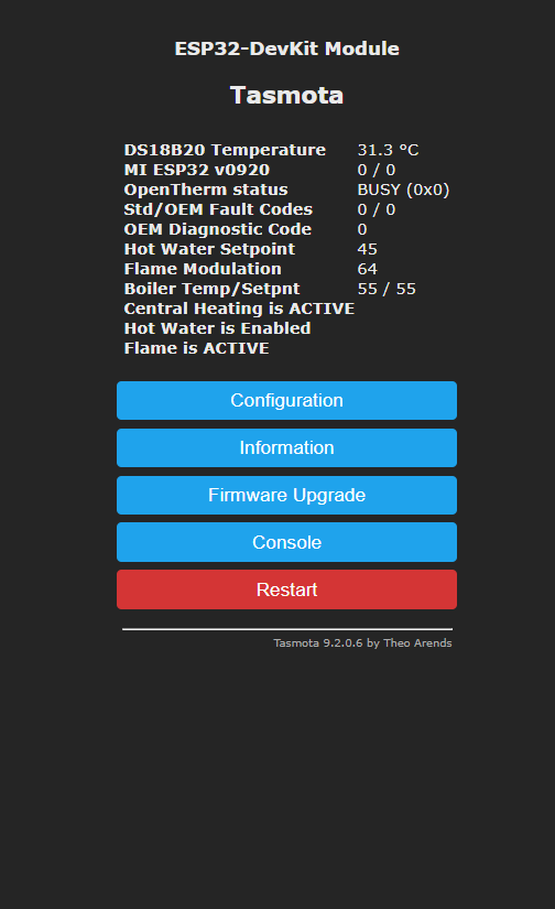 Tasmota OpenTherm Module Main Page